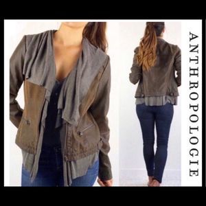 Hei Hei Brownish Green Faux Leather Jacket with Ribbed Gray Fabric Detail
